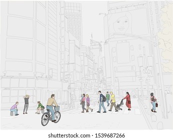 Hand drawn vector illustration. People cross the street in the beautiful and exciting Shinjuku neighborhood of Tokyo, Japan. People in color.