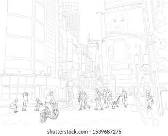 Hand drawn vector illustration. People cross the street in the beautiful and exciting Shinjuku neighborhood of Tokyo, Japan. Black and white.