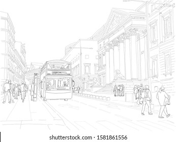 Hand drawn vector illustration. People ride a hop on hop off tourist bus downtown Madrid.