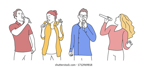 Dibujo manual de ilustración vectorial de la gente cantando. Concepto de estilo de vida.