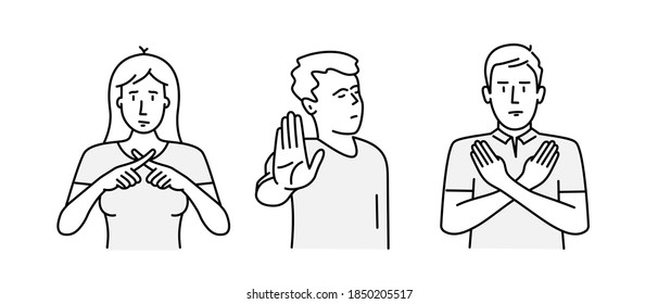 Hand drawn vector illustration of people show negative gestures. 