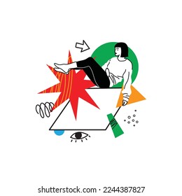 Hand drawn vector illustration of people in different poses and various geometric shapes. Outline characters, colorful abstract figures.