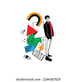Hand drawn vector illustration of people in different poses and various geometric shapes. Outline characters, colorful abstract figures.