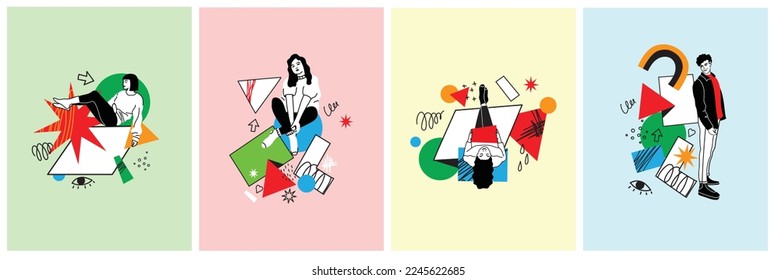Hand drawn vector illustration of people in different poses and various geometric shapes. Outline characters, colorful abstract figures