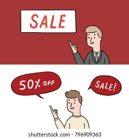 Hand drawn vector illustration of people pointing up blank space. 
Businessman point the finger to board.
young man with Speech Bubbles on white background.