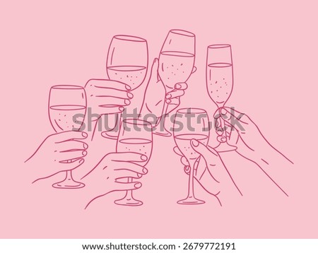 Hand drawn vector illustration of people toasting with champagne glasses. Perfect for celebration, party invitations, wedding designs, holiday cards and festive layouts.