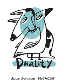 Hand drawn vector illustration. Perfect for t-shirt print. Duality. Dog and bird. Funny face