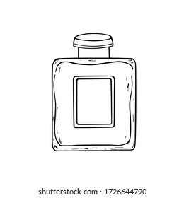 Ilustración vectorial dibujada a mano de la botella de perfume. Estilo Doodle. Dibujo de lápiz de tinta lineal. Objeto único, aislado de negro sobre fondo blanco.