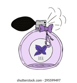 Hand Drawn vector illustration of a perfume bottle with the scent of basil