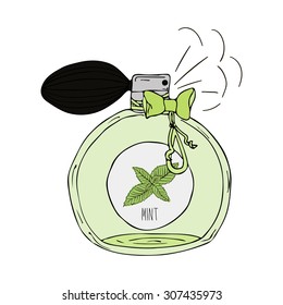 Hand Drawn vector illustration of a perfume bottle with the scent of mint