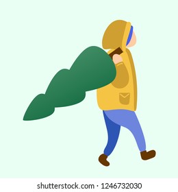 Hand drawn vector illustration. Person in the yellow jacket is carrying a Christmas tree.