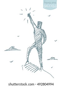 Hand Drawn Vector Illustration Of A Person, Reaching Star. Leadership, Opportunities, Growth Concept, Sketch