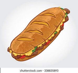 Hand drawn vector illustration of a Philly Cheese Steak Sandwich, Philadelphia Cheese Steak Sandwich.