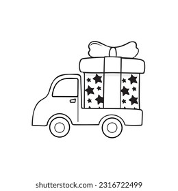 Hand drawn vector illustration pickup truck's carrying big gift box