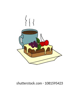Hand Drawn Vector Illustration Piece of Delicious Layer Cake with Icing Topped with Cherry Fruits Berries. Cup of Hot Steaming Coffee or Chocolate. Recipe Template
