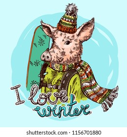 Hand drawn vector illustration pig sketch. I love winter. Symbol of new year 2019