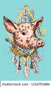 Hand drawn vector illustration pig sketch. Symbol of new year 2019