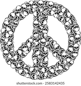 hand drawn vector illustration of a pile of skulls in the shape of a peace symbol