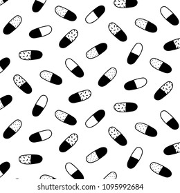 Hand drawn vector illustration of pill capsule medicine pattern in black and white.