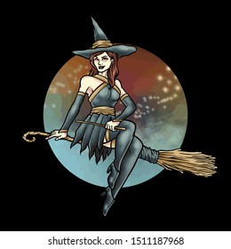 Hand Drawn Vector Illustration Pin Up Witch