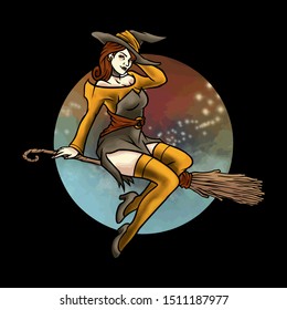 Hand Drawn Vector Illustration Pin Up Witch