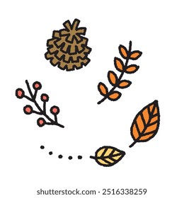 Hand drawn vector illustration of pine cone and fallen leaves