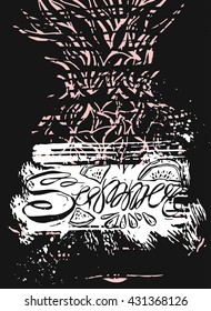 Hand drawn vector illustration of pineapple with Summer handwritten lettering in black,white and rose quartz colors.Design for banner,poster,card,invitation,placard,brochure,flayer