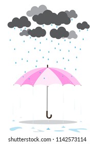 Hand drawn vector illustration pink umbrellas under the rian. Isolated objects on white background. Line drawing. Design concept for rainy season.