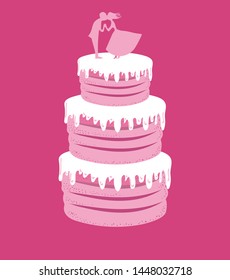 A hand drawn vector illustration with a pink wedding cake with white cream. It has a figure of a kissing couple on top. 