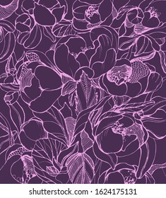 Hand drawn vector illustration of pink flowers on violet background