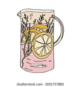 Hand drawn vector illustration of a pink summer fresh lemonade with lemongrass isolated on the white background