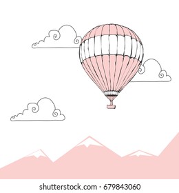 Hand drawn vector illustration - Pink air balloon and clouds