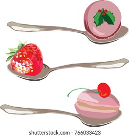 Hand drawn vector illustration of pink macaroons,strawberry and cherry