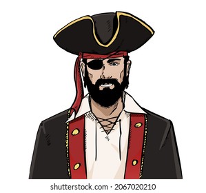 Dibujo manual Vector ilustración de pirata. Ilustración de estilo de esbozo vectorial, aislada en fondo blanco.