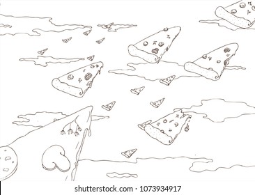 Hand Drawn Vector Illustration. Pizza flying in the sky. Coloring Book Page
