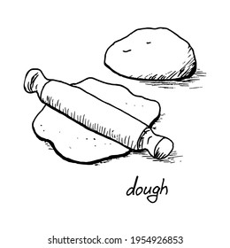 Hand drawn vector illustration – pizza dough and rolling pin. Black and white linear sketch.
