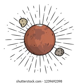 Hand drawn vector illustration with planet Mars and divergent rays. Used for poster, banner, web, t-shirt print, bag print, badges, flyer, logo design and more. 