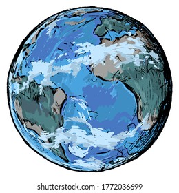 Hand drawn vector illustration planet Earth. Outline colorful picture isolated on white. Realistic retro engraving for design, emblem, logo, print, typography, cards, t-shirt, banner, poster, booklet.