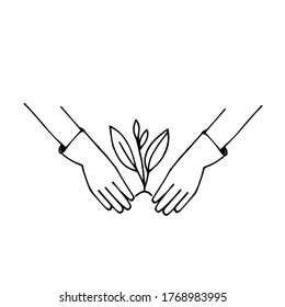 Hand drawn vector illustration with the planting of a seedling. Gloved hands and a small plant. Simple outline, icon, and silhouette on the theme of gardening.