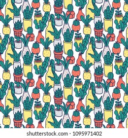 Hand drawn vector illustration of plants in pots pattern.
