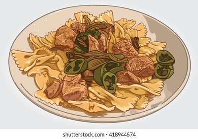 Hand drawn vector illustration of a plate of Farfalle with Chicken.