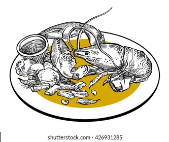 Hand drawn vector illustration. 
Plate with lobster, potato, french beans and sauce.