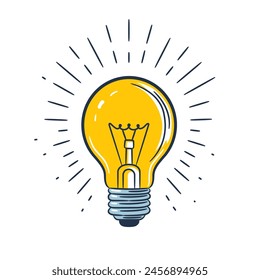 Hand drawn vector illustration in a playful doodle style featuring a light bulb, the universal symbol of a bright idea, creativity, and innovation. Yellow light bulb on white background.