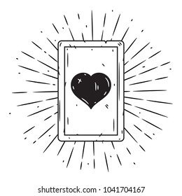 Hand drawn vector illustration with playing card and divergent rays. Used for poster, banner, web, t-shirt print, bag print, badges, flyer, logo design and more. 