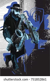An hand drawn vector illustration.Man playing the Sax.Music, Musician.Bearded Saxophone Player in Blue.A few snapshots of move a musical instrument.Evening mood.Picture is editable by layers groups.