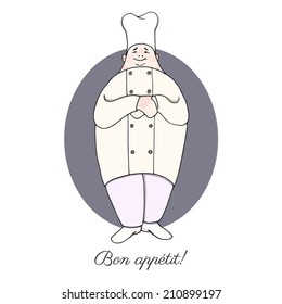 Hand drawn vector illustration of a pleased chef character with Bon appetit! wish, in retro style