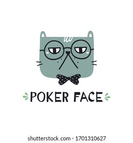 Hand drawn vector illustration of poker face cat. Doodle style icon for cards and invitations. Clip art vector design.