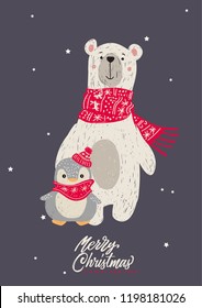 Hand Drawn Vector Illustration of polar bear for Merry Christmas Card. 