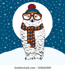 Hand Drawn Vector Illustration of Polar Owl in Knitwear and Big Glasses on Winter Background