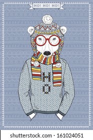 Hand Drawn Vector Illustration of Polar Bear Hipster, Greeting Card